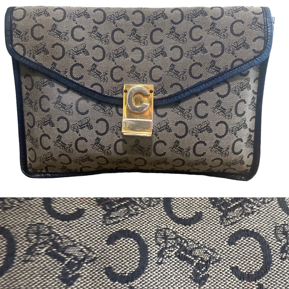 RARE Vintage CELINE Denim Leather Trim Horse & Carriage Logo Envelope Clutch